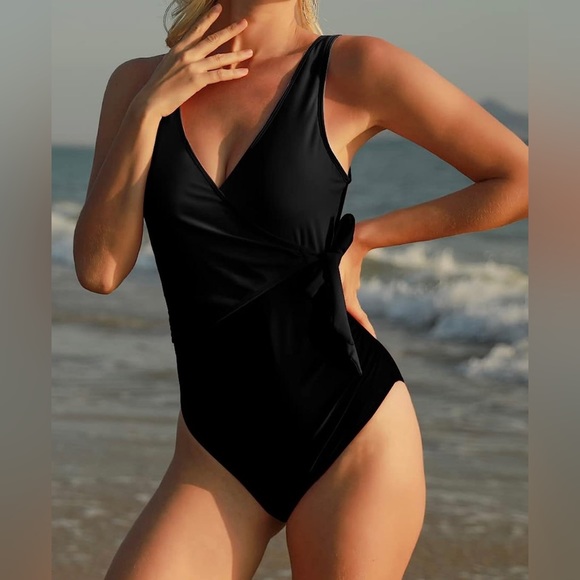 Women's V-Neck One Piece Swimsuit Tummy Control Wrap Tie Side Monokini - Picture 2 of 4